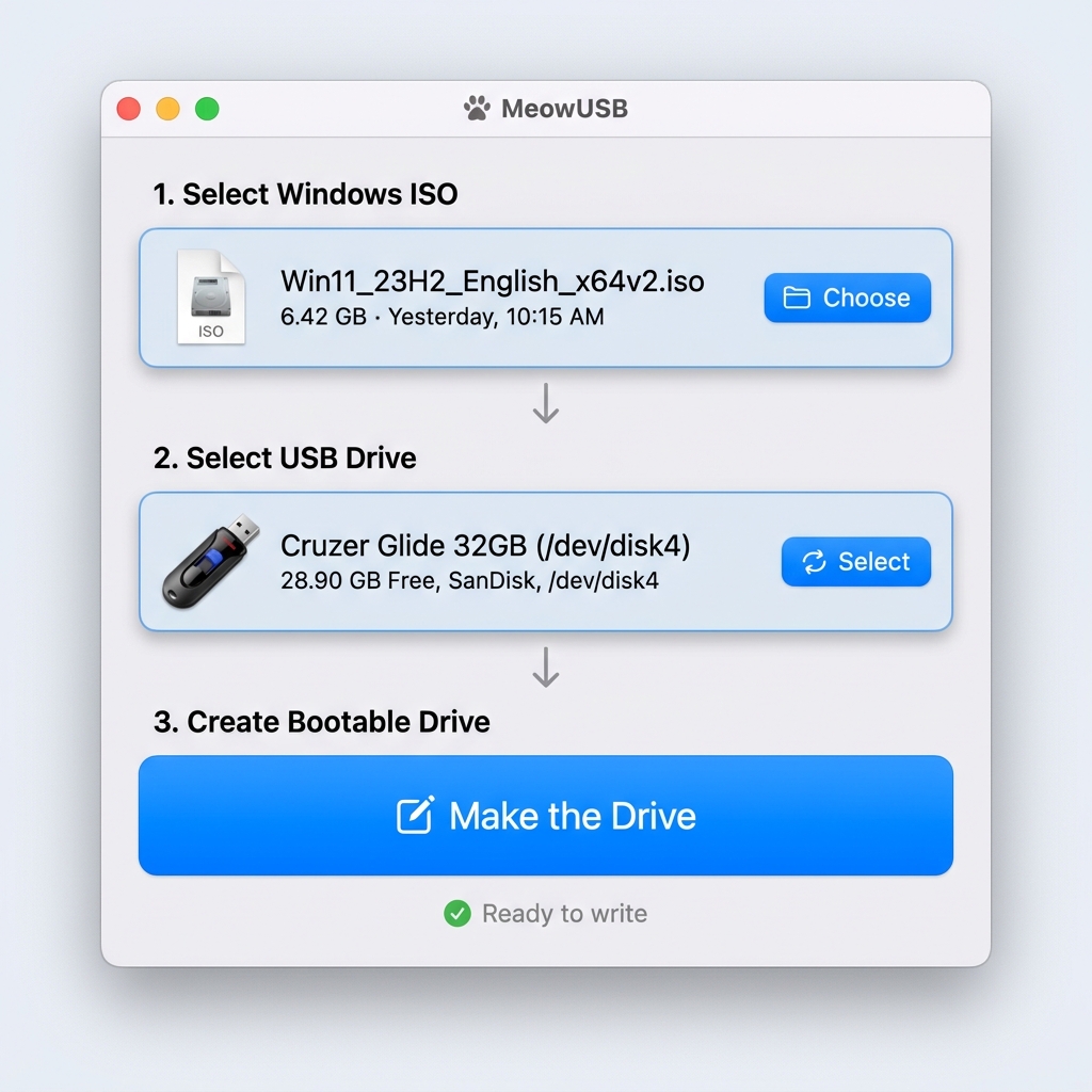 MeowUSB macOS Desktop Application Window Mockup